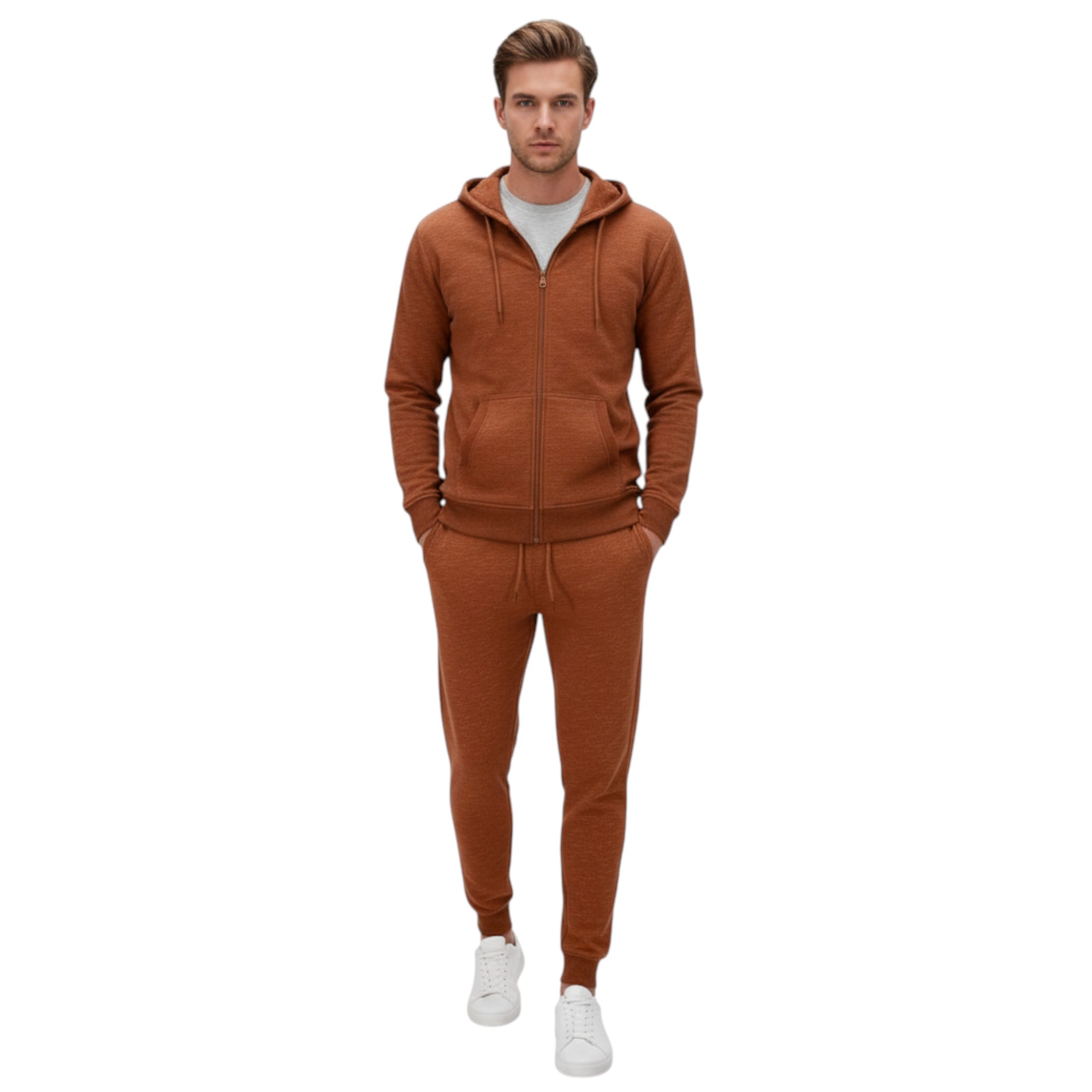Other Mens Fleece Tracksuit Set Full Zip Hoodie Top Winter Joggers Gym Jogging Bottoms - Orange Cotton - Size Small