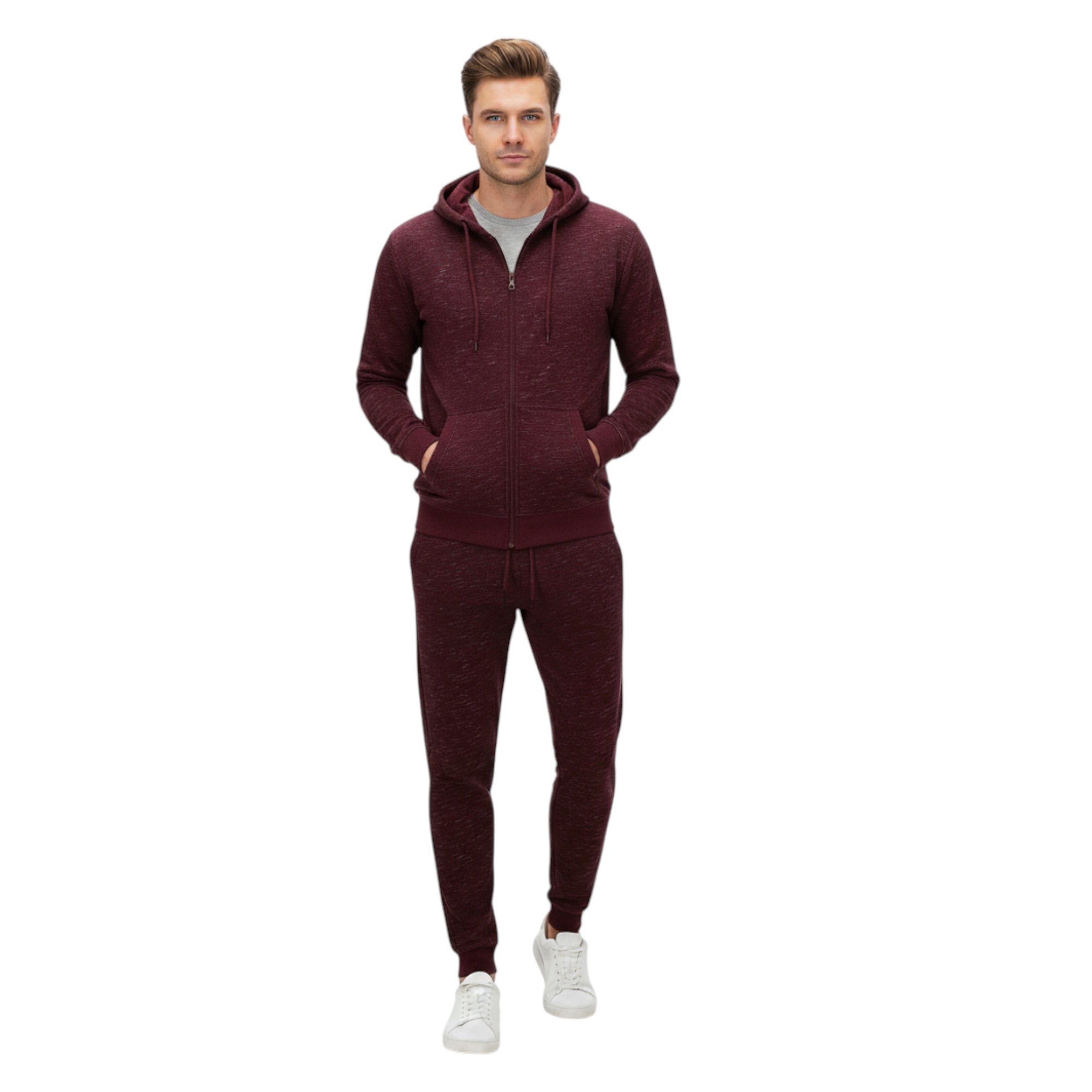 Other Mens Fleece Tracksuit Set Full Zip Hoodie Top Winter Joggers Gym Jogging Bottoms - Maroon Cotton - Size X-large