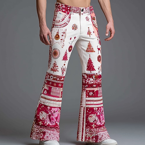 Noël Homme Imprimé Floral Feux d'artifice Costume de Noël Pantalon Disco Pantalons pattes d'éléphant des années 60 et 70 Taille Moyenne Western Vintage Rétro Extérieur Fête Poches Latérales Pantalon
