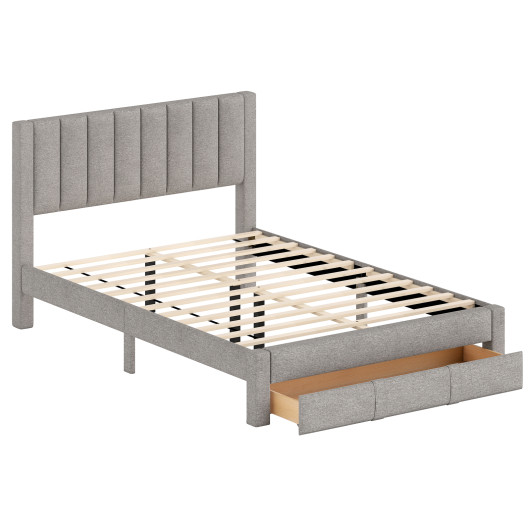 Costway Queen Size Bed Frame with Storage Drawer and Vertical Channel Headboard-Gray