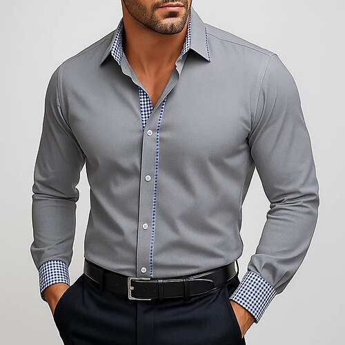 Herren Kleidhemd Einfach Formell Hochzeit Weiß Marineblau Blau Grau Langarm Umlegekragen Ganzjahres Bekleidung Patchwork Image