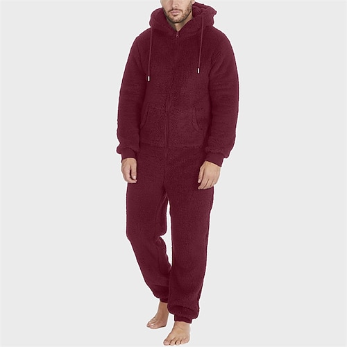 Herren Freizeitkleidung Bodys Nachtwäsche 1 Stück Einfach Warm Mode Stilvoll Heim Täglich Bett Sherpa Polyester Thermowarm Komfort Weich Kapuzenpullover Langarm Kordelzug Tasche Herbst Winter Schwarz Image