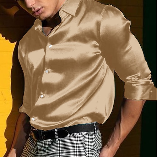 Herren Hemd Satinhemd Freizeithemd Knopfhemd Einfach Hochzeit Urlaub Hellblau Schwarz Weiß Blau Langarm Revers Frühling Sommer Bekleidung Image