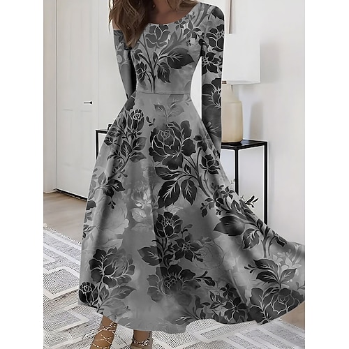 Damen Midikleid A Linie Kleid Figurbetontes Kleid Urlaub Lässig Boho Täglich Party Ausgehen Normale Passform Blumen Grafik Langarm Rundhalsausschnitt Blau Rote Purpur Grün Sommer Frühling Herbst Image