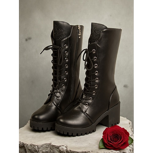 Schwarze, halbhohe Schnürstiefel für Damen, Stiefel im Gothic-Punk-Stil mit dickem Absatz für Freizeit, Ausgehen und Streetwear Image