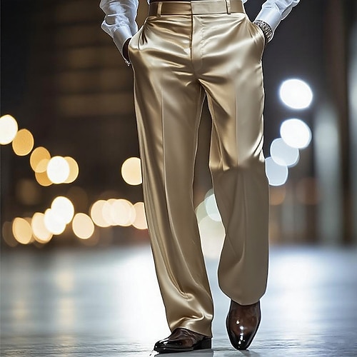 Herren Hose Anzughose Seidenartig Satinhosen Baggy-Hosen Tasche Gerader Schnitt Einfach Atmungsaktiv Volle Länge Hochzeit Party Geschäft Mode Streetwear Weiß Gold Mikroelastisch Image