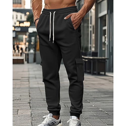 Herren Cargo-Jogginghose Jogginghose Hose Kordelzug Tasche Elastischer Bund Einfach Komfort Sport im Freien Täglich Mode Lässig Schwarz Weiß Mikroelastisch Image