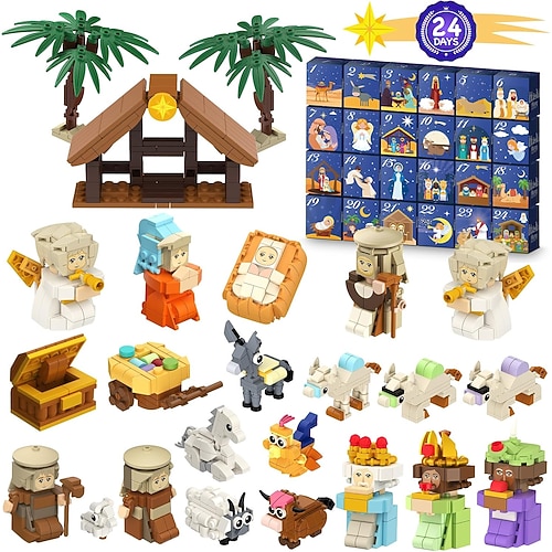 Weihnachtskrippen-Adventskalender 2025, Weihnachtsgeschenk für Kinder, 24-Tage-Bausteine, Countdown-Kalender-Set, Strumpffüller, Bauspielzeug für Jungen, Mädchen, Teenager Erwachsene Image
