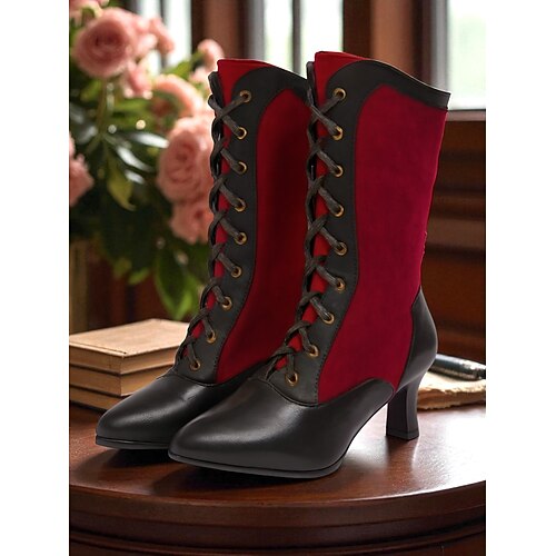 rot-schwarze viktorianische Schnürstiefel für Damen im Stil der 1920er Jahre – Retro-Kostümschuhe im Steampunk-Edwardian-Stil für Cosplay, Theater und Gatsby-Partys Image