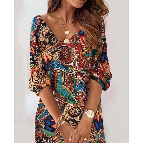 Damen Minikleid Etui-Kleid Shiftkleid Party Lässig Boho Täglich Geburtstag Cocktailparty Normale Passform Blumen Grafik Stammes Langarm V Ausschnitt Braun Frühling Herbst Winter Image