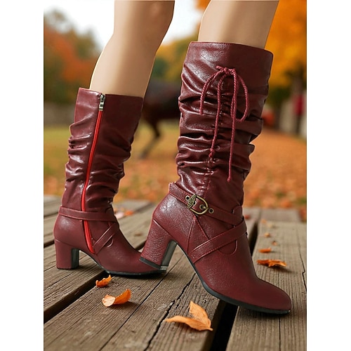 Braune Damen-Stiefel aus Kunstleder mit seitlichem Reißverschluss und Schnallenriemen, Vintage-Stiefel im lässigen Blockabsatz für Herbst, Winter, Outdoor und den Alltag Image