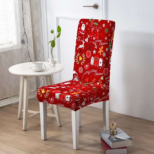 Weihnachts-Esszimmerstuhlbezug, geometrisch bedruckter Polyester-Schonbezug, elastischer, rutschfester Stuhlschutz für Zuhause oder Party Image