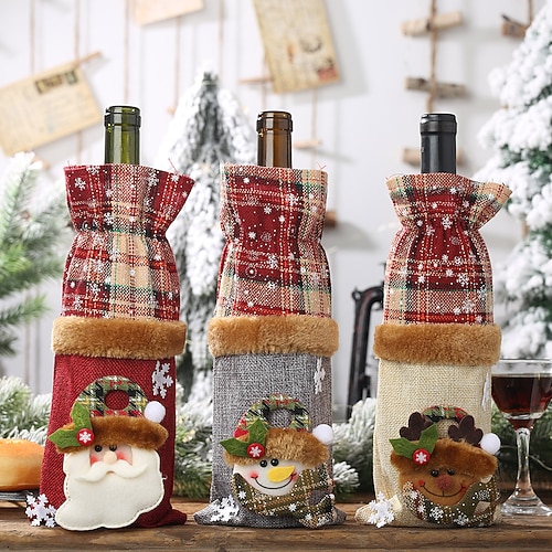 3er-Pack weihnachtliche Weinflaschenhüllen, karierte Weinbeutel aus Sackleinen, weihnachtliche Rotwein- und Champagnerflaschenhalter, kreative Weihnachtstischdekorationen, wiederverwendbare Image