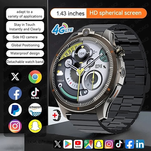 LW9 Smartwatch 1.43 Zoll Smartwatch Fitnessuhr Bluetooth 4G Temperaturüberwachung Schrittzähler Anruferinnerung Kompatibel mit Android iOS Herren GPS Langer Standby Freisprechanrufe IP68 22mm