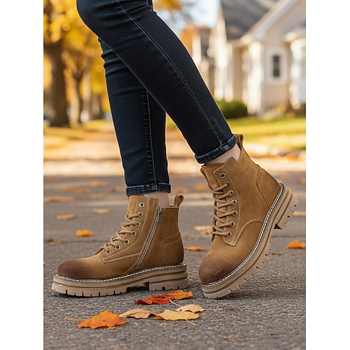 Damenstiefeletten aus braunem Wildleder mit Schnürung und dicker, rutschfester Sohle – lässige Outdoor-Arbeitsstiefel für Herbst und Winter Image