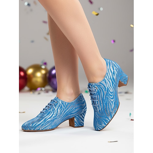 Professionelle Latein-Tanzschuhe für Damen mit Blockabsatz und Glitzermuster im Schnürdesign für Gesellschaftstanz und Partyveranstaltungen Image