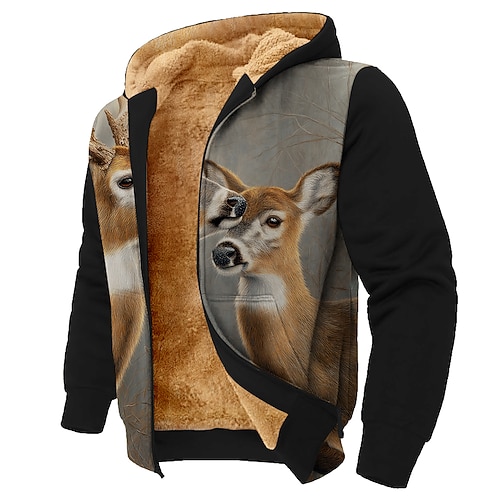 Herren Tarnung Hirsch Fleece Kapuzensweatshirt Jacke Pullover Klassisch Militär Jagd Langarm Rundhalsausschnitt Outdoor Camping Schwarz Braun Grau Reißverschluss Herbst Winter Designer S M L XL 2XL Image