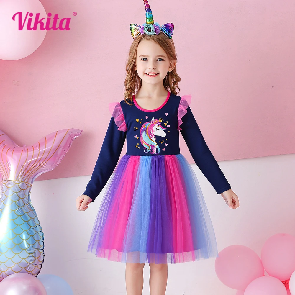 VIKITA 2025 Neue Kinder Party Prinzessin Kleid Mädchen Einhorn Herz Form Langarm Frühling Herbst Bunte Kleid Kleinkinder Tops Tragen Image