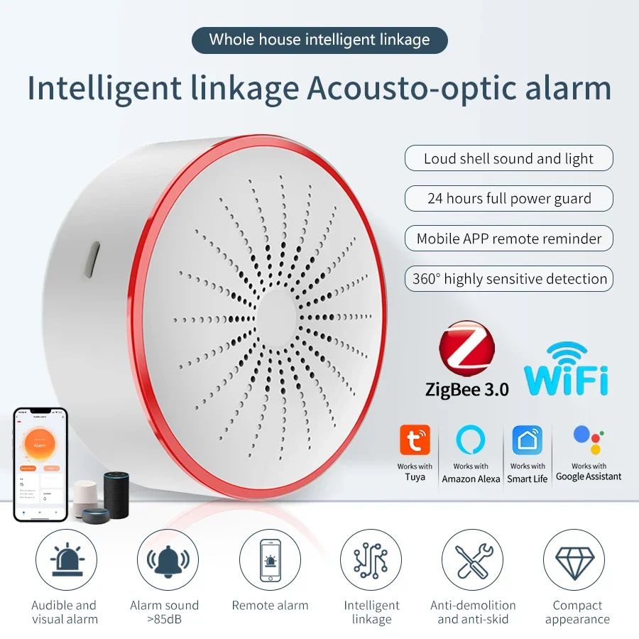 Tuya Smart Home Zigbee WiFi Sound und Licht Sensor Detektor Drahtlose Alarm USB Power Programm Steuerung Arbeit mit Alexa Google Hause Image