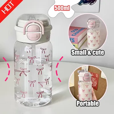 New Leak-proof Pink Bow Flip Straw Water Bottle Reusable Plastic Cup Sports Travel Picnic Portable Drinkware With Cover BPA Free