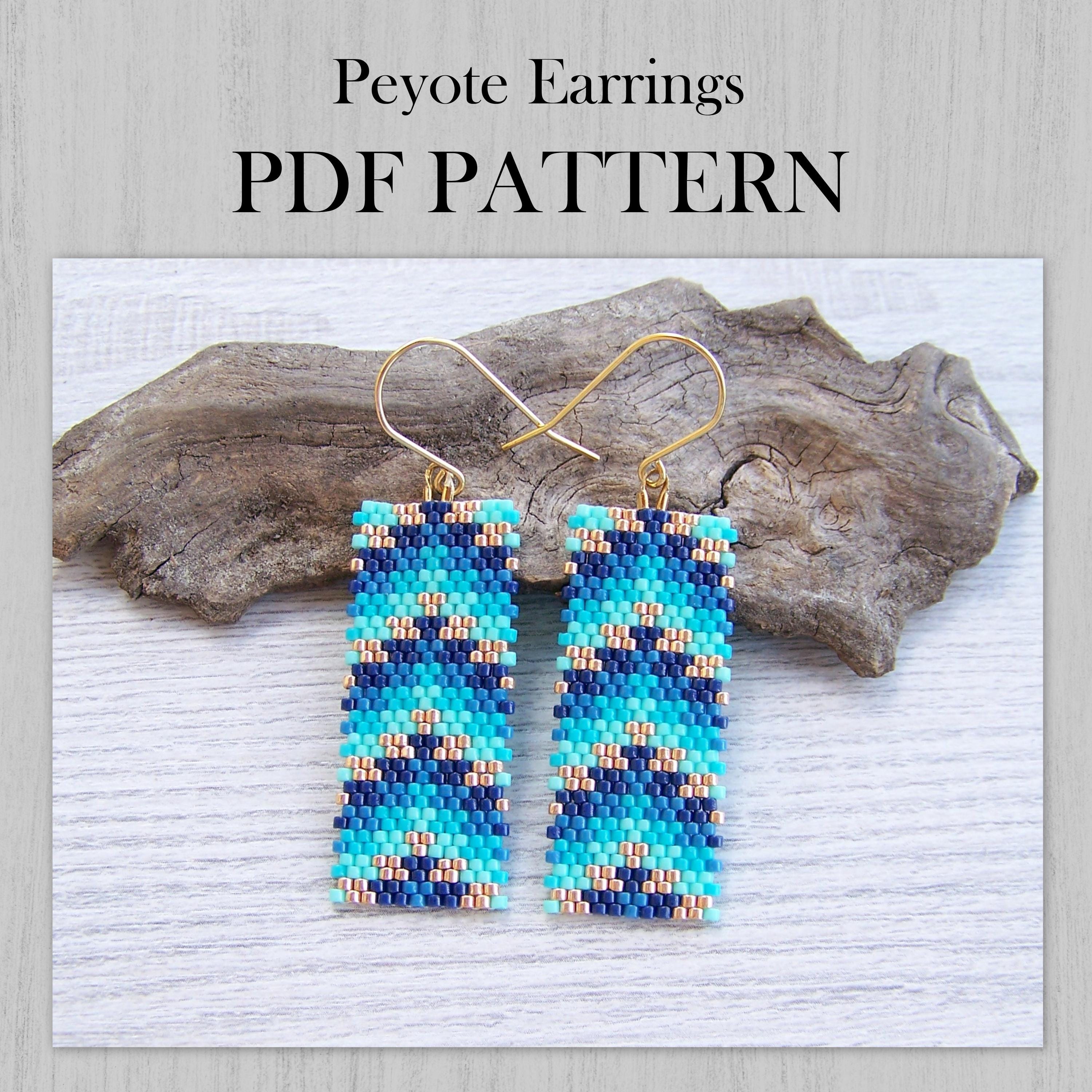Schema PDF per orecchini a punto Peyote con motivo PARI, schema PDF per perline Miyuki Delica geometriche tonalità blu, schema PDF per orecchini sfuma