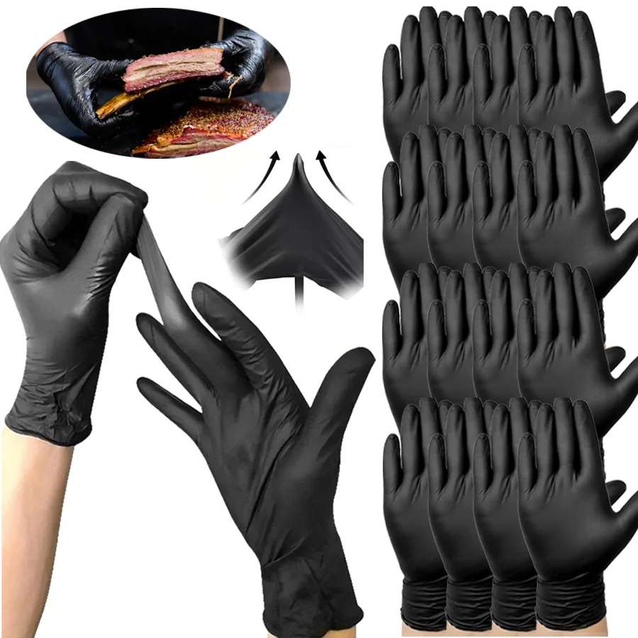 20–100 Stück verdickter Nitril-Handschuh, schwarz, Einweg-Haushaltsreinigungshandschuh, wasserdicht, ölbeständig, für Tattoo, Schönheitssalon, Auto, Haustier Image