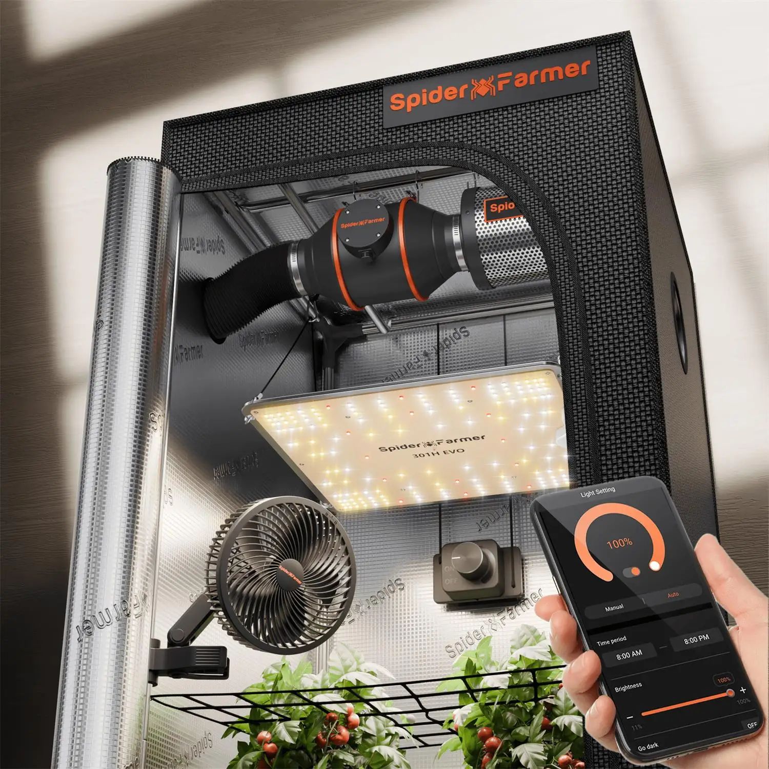 Spider Farmer 70 x 70 x 160 cm GrowBox-Komplettset mit SF1000 EVO Vollspektrum-LED 6 Zoll Clip-Ventilator 4 Zoll Wachstumsventilator Image