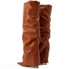 Gedrehte Kante über dem Knie hohe Stiefel Frauen sexy High Heels braun schwarz Western lange Stiefel weiblich 2024 neue Trends Party Schuhe