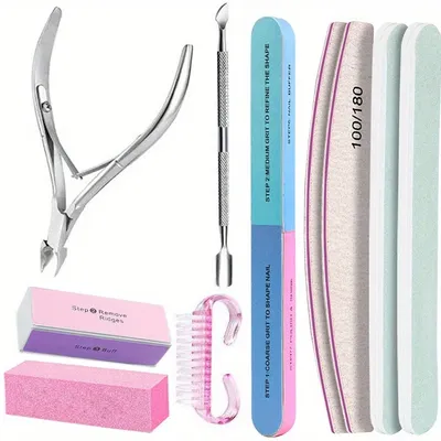 10Pcs/lot Nail Art 100/180 Grit Professional Files Buffer Sponge Block Brush Nail Scissors Kit With Cuticle Nipper Pushers Manic