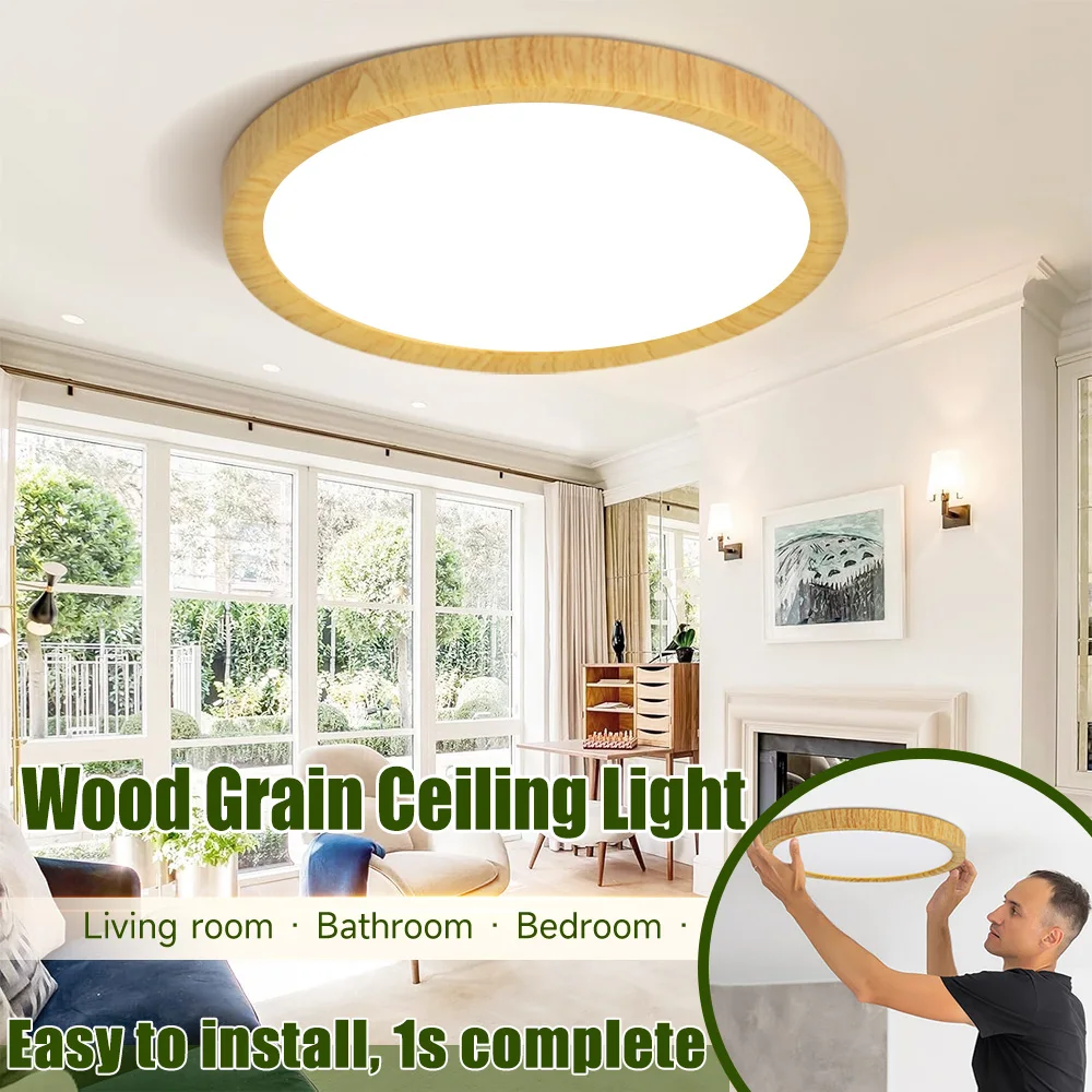 Holzmaserung-LED-Panel-Leuchte, ultradünne Deckenleuchte, 3 Farben in einer Lampe für Zuhause, Beleuchtung, Küche, Schlafzimmer, Oberflächen-Deckenleuchte