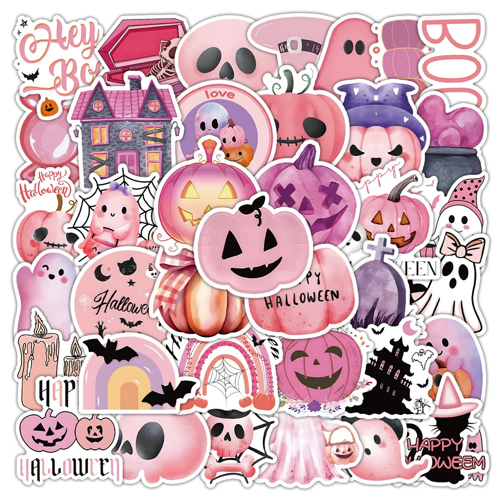 52pcsPink Halloween Aufkleber Dekoration DIY wasserdichte Aufkleber lustige Kürbis Laterne Urlaub Party kreative Aufkleber Image