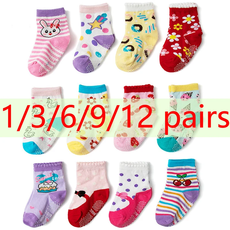 1/3/6/9/12 Paar Kinder-Bodensocken-Sets für Babys, Baumwolle, rutschfest, niedliches Cartoon-Muster, atmungsaktive Baby-Trampolin-Socken Image