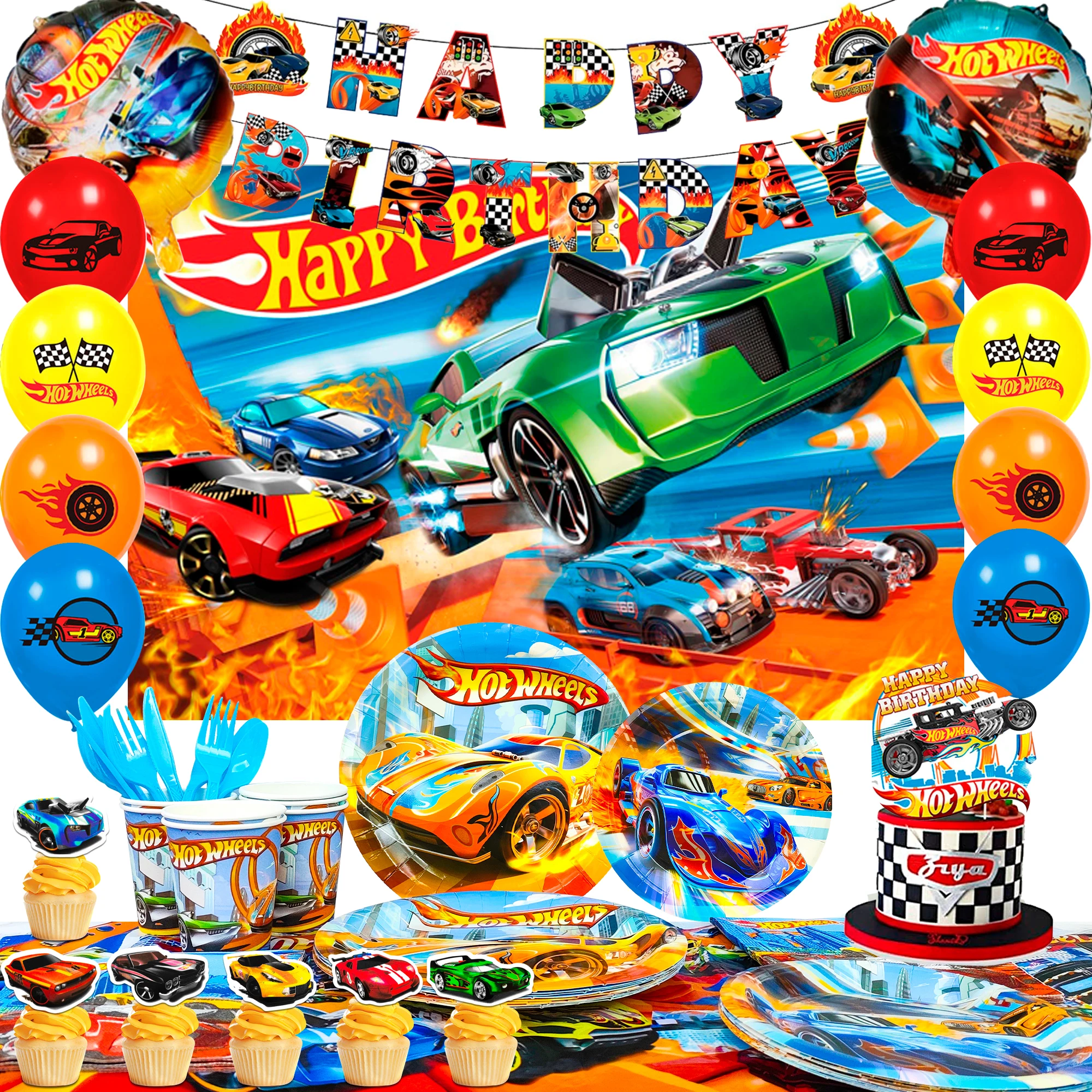 Hot Wheels Birthday Party Supplies, 114pcs Hot Wheels Decorations Party&Tableware-Race Car Plates Tablecloth Backdrop Banner etc