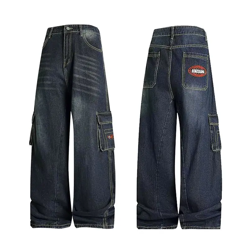 Frauen Gebogene Gerade Breite Bein Cargo Jeans Junges Mädchen Denim Hosen Vintage Straße Multi-taschen Herbst Baggy Hohe Taille hose Image