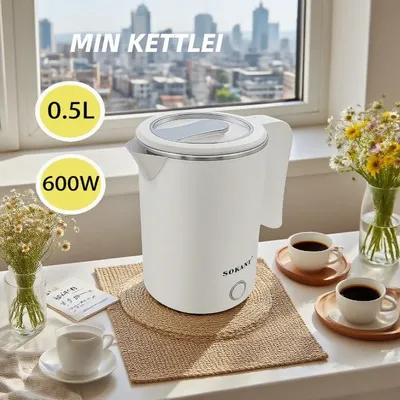 Small Electric Kettles Stainless Steel for Boiling Water 500ML Travel Mini Hot Water Boiler Heater, Double Wall Portable Teapot