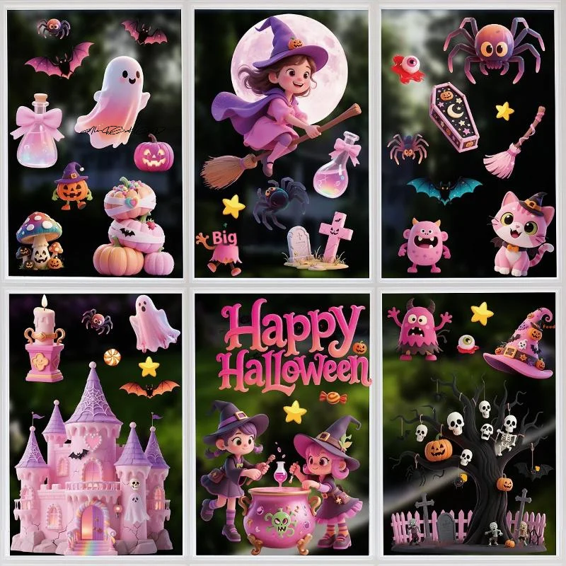 Halloween-Fensteraufkleber-Set, Kürbis, Hexe, Fledermaus, Schloss, Muster, Wandaufkleber für gruselige Halloween-Dekorationen Image