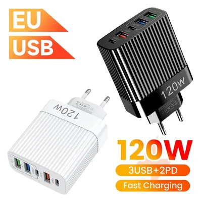 120W USB C Charger 3 USB 2 PD 20W 5 Ports Fast Charging Wall Charger for iPhone 15 Pro Max Samsung Xiaomi Mobile Phone Charger