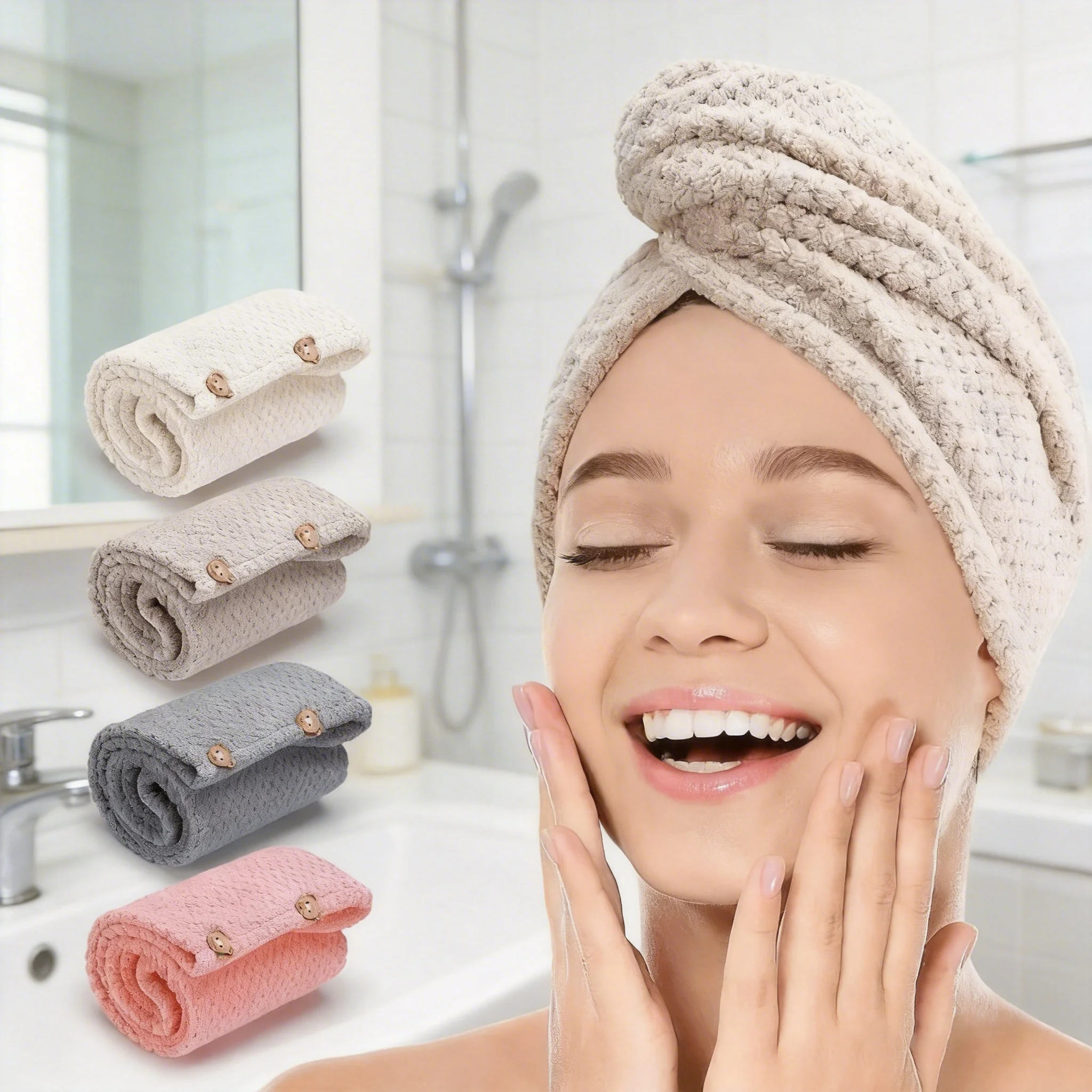 Einfarbiges Haarhandtuch, strukturierte Kappe für trockenes Haar, 9,8 "X 25,5" saugfähiger Haarhandtuchwickel für Frauen mit Knopfleiste Image