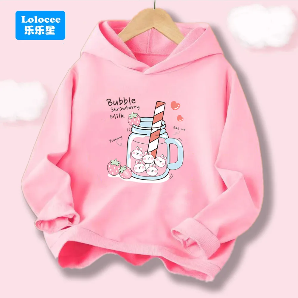 3-14 Jahre Kinder Nette Blase Erdbeere Milch Hoodie Kleidung Mädchen Tops Frühling Herbst Kinder Pullover Hoody Sweatshirt YLNN1 Image