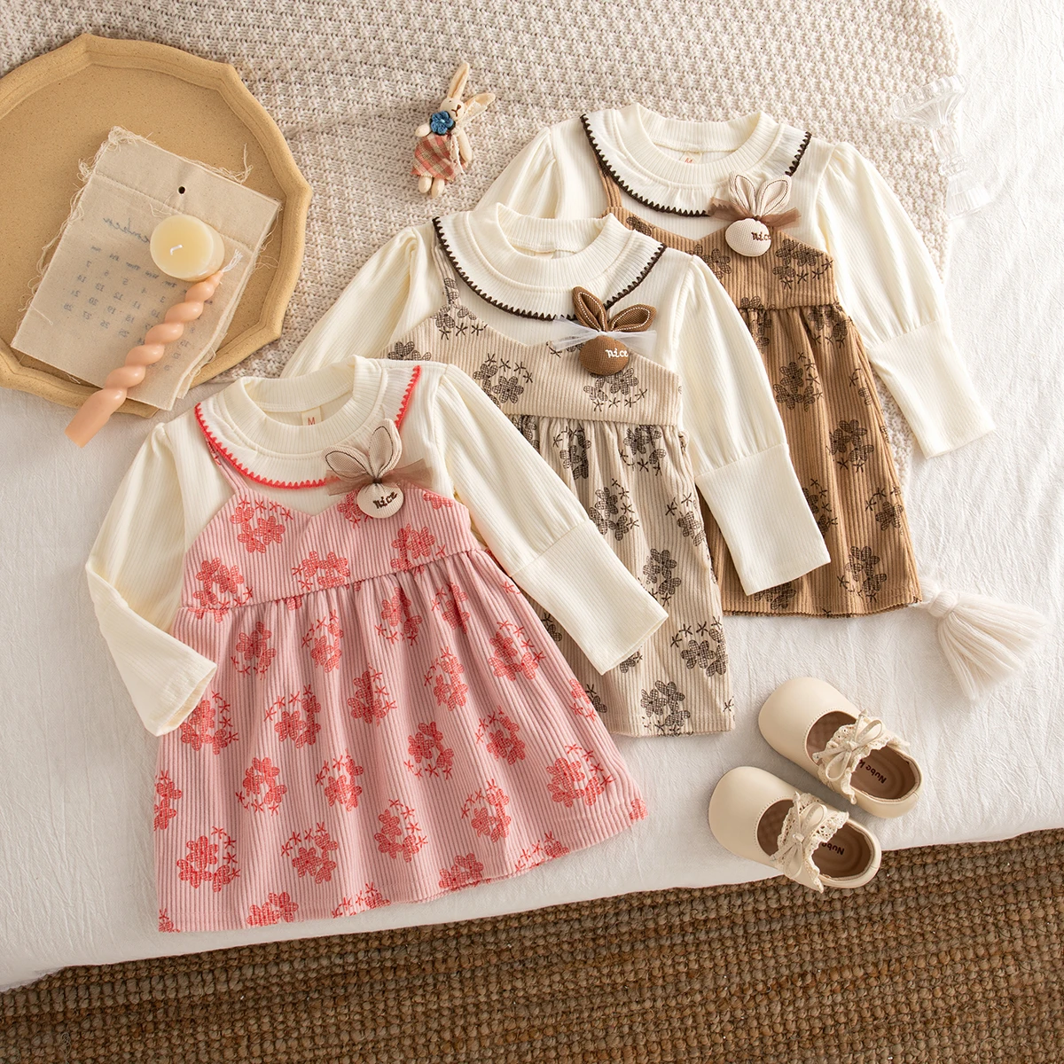 0-2 Jahre Kleinkind Mädchen Kleid Niedlich Dekorativer Blumendruck Strick Langarm Kleid Baby Herbst Lässige Picknickkleidung Image