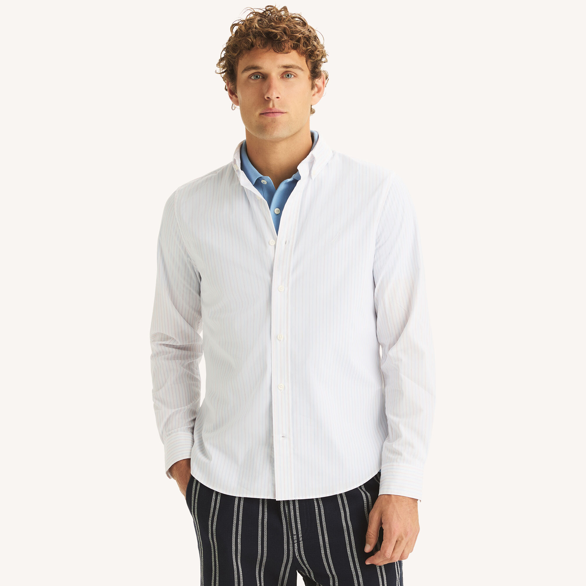 Nautica Men's Slim Fit Wrinkle-Resistant Striped Shirt 101 (Bright White), L