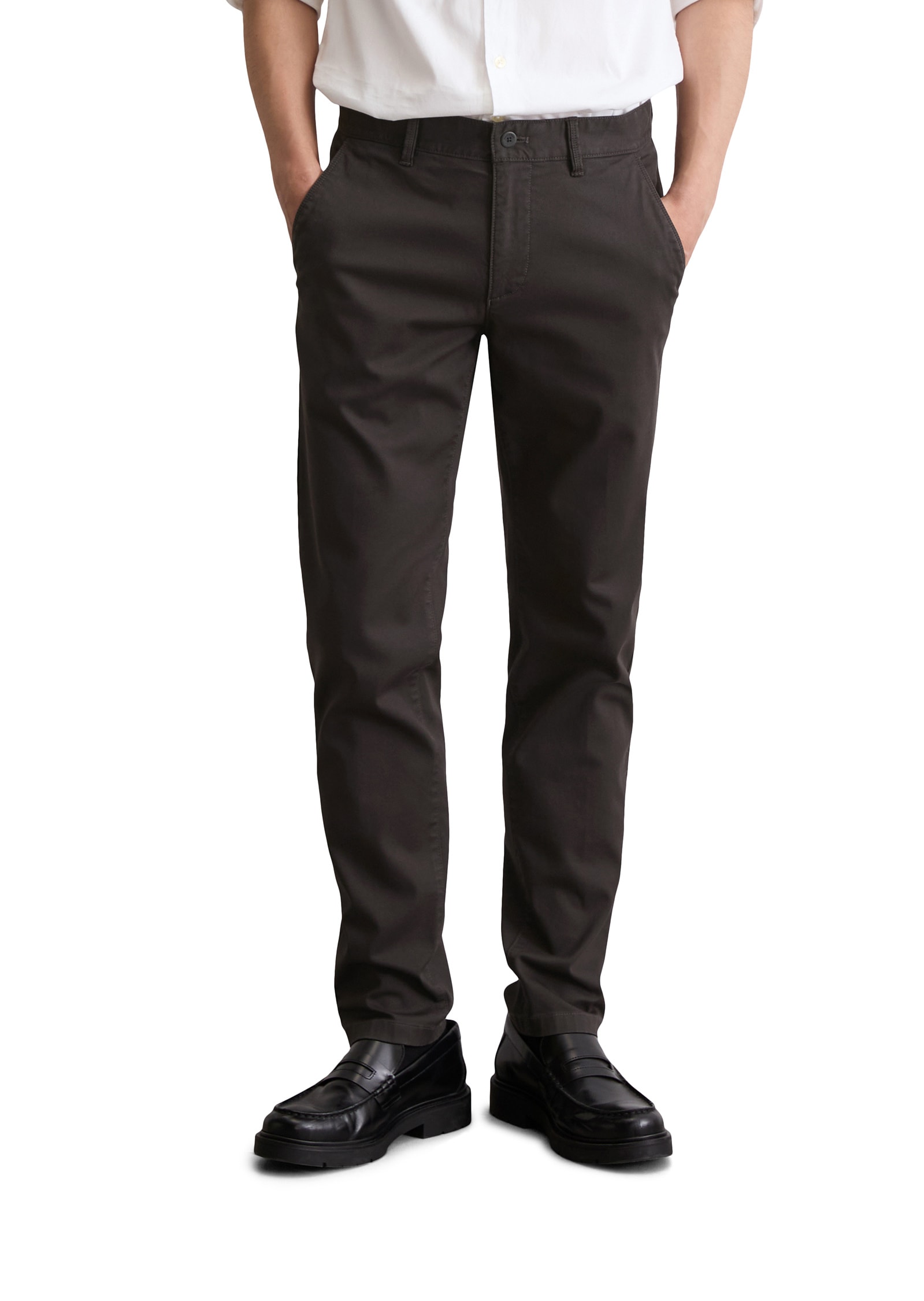 Chinohose MARC O'POLO "aus Bio-Baumwoll-Mix", Herren, Gr. 38, Länge 30, grau (broken graphite), Obermaterial: 98% Baumwolle, 2% Elasthan, unifarben, figurbetont normal, Hosen Chinohose