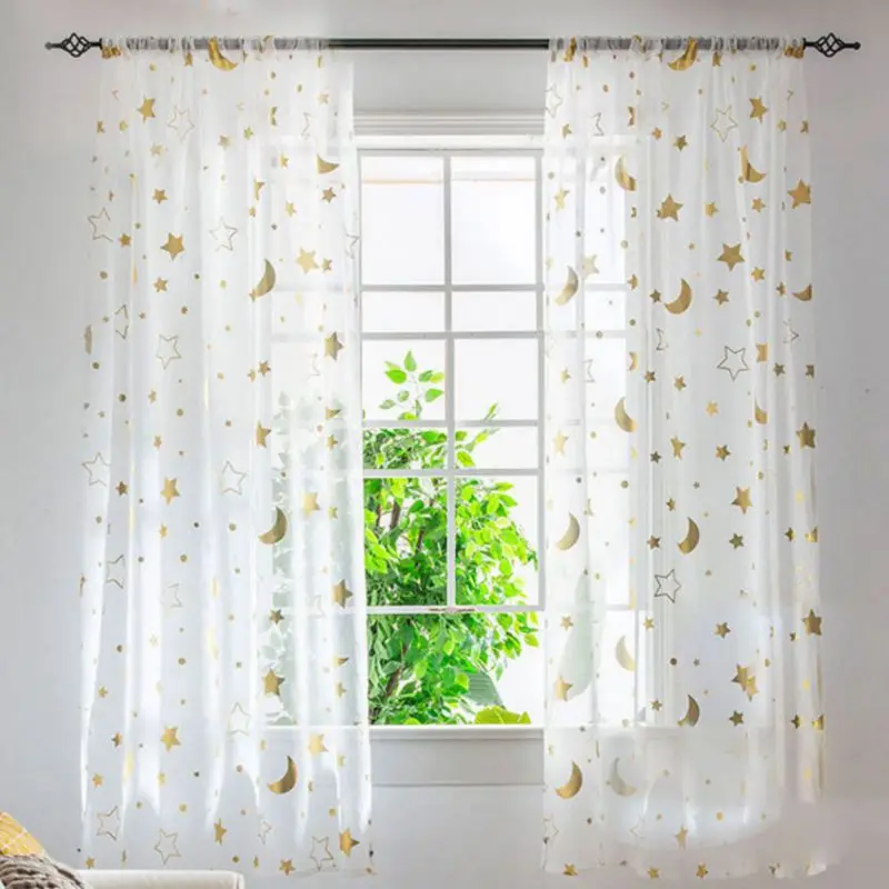 Transparente Stern-Vorhänge in Weiß für Kinderzimmer – Vorhänge für Wohnzimmer, Schlafzimmer, niedliche goldene Stern-Mond-Vorhänge für Kinderzimmer, Mädchen-Schlafzimmer Image