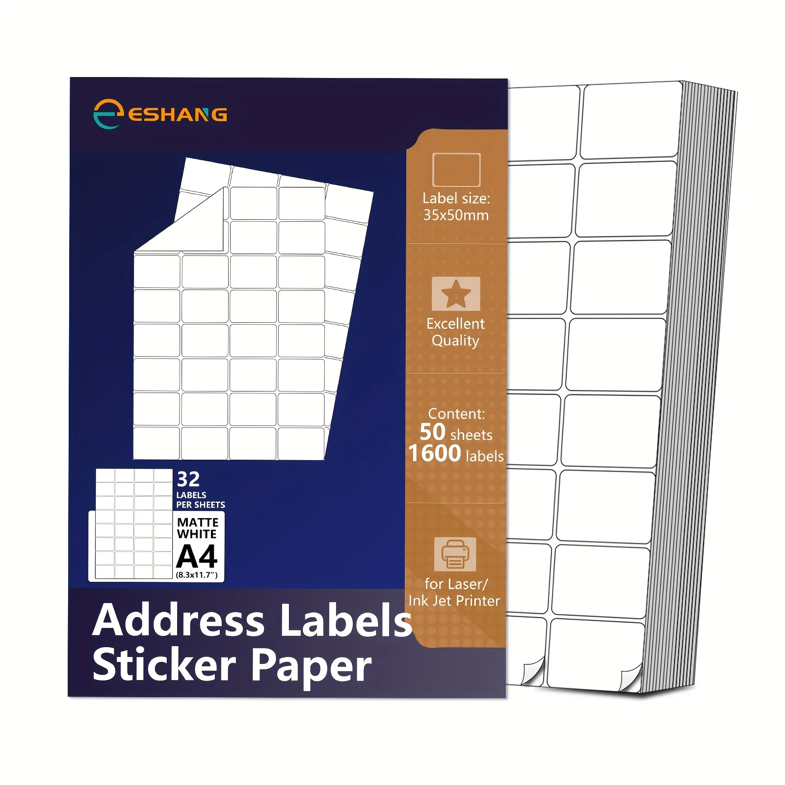 ESHANG Adressetiketten, Aufkleberpapier für Laser-/Tintenstrahldrucker, Versandetiketten, A4, weiß, 56, pro 32 pro Blatt Image