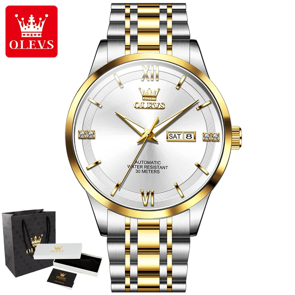 OLEVS 7061 Original Herrenuhren, automatische mechanische Uhren, großes Zifferblatt, wasserdicht, leuchtend, Reloj Dual-Kalender, Luxusuhren Image