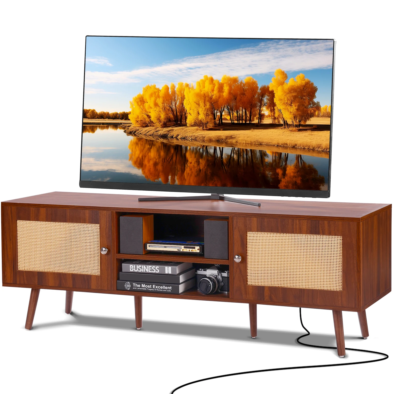 SucceBuy Meuble TV en rotin Meuble TV moderne du milieu du siècle avec prise intégrée Ports USB Étagères réglables pour salon Salle multimédia