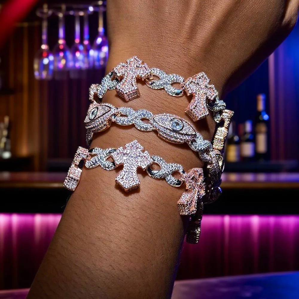 Rose Weiß Zweifarbig Bling CZ Kreuz Unendlichkeit Kette Armband Mikro Gepflastert 5A + Kubikzircon Luxus Hip Hop Schmuck