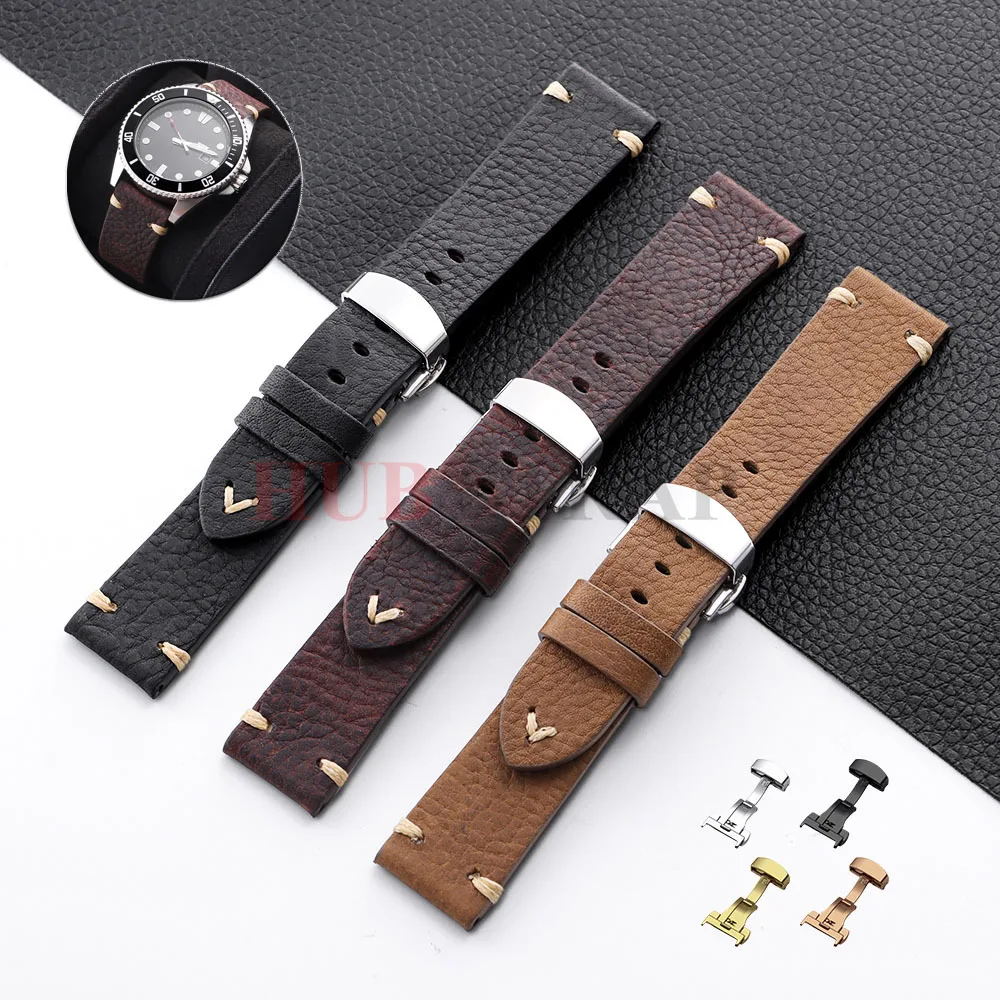 18 20 22 mm echtes Rindslederarmband für Omega für Seiko Uhrenarmband Kalbsleder Universalarmband Schmetterlingsschnalle für Männer Frauen Armband Image