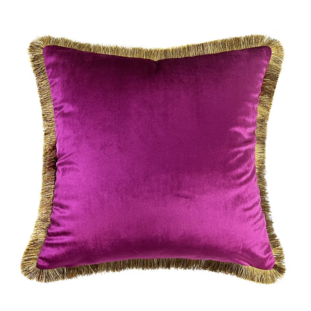 Luxuriöse solide rosarot grün Vintage glänzende weiche Samt Kissen bezug Fransen Pipping dekorative Sofa Kissen bezug 45x45 cm