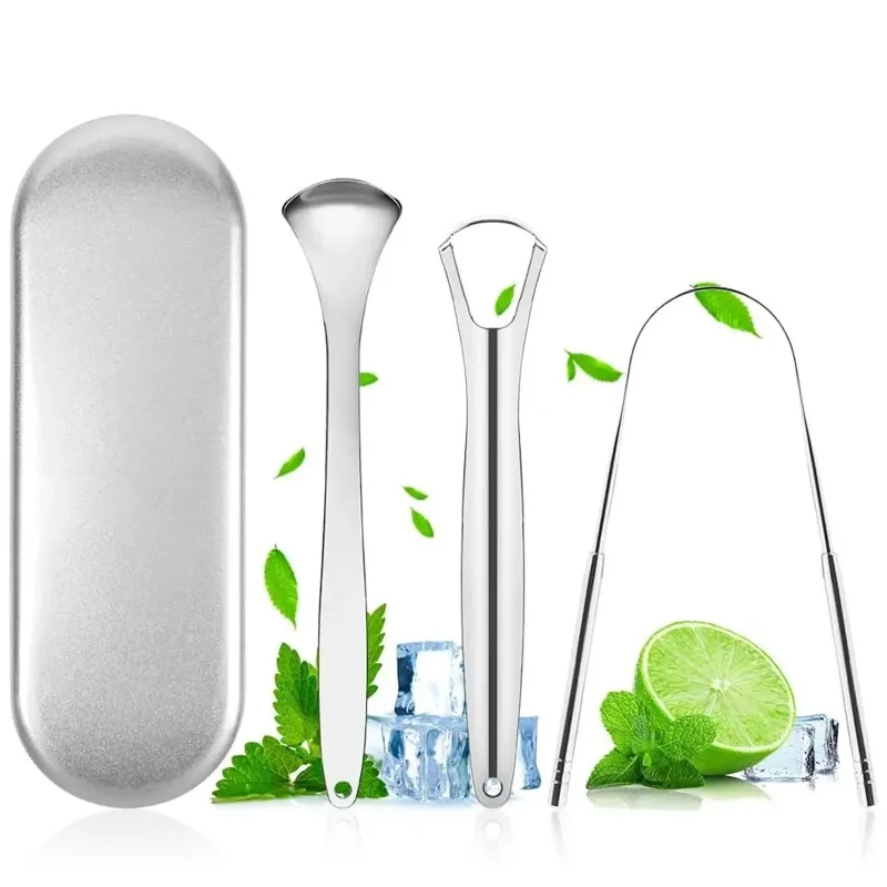 3-teiliges Zungenreiniger-Set aus Edelstahl mit Eisenbox – praktischer oraler Zungenschaber zur effektiven Entfernung von Zungenbelag Image